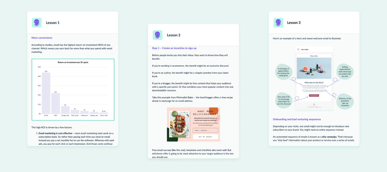 Preview images of EmailOctopus email course